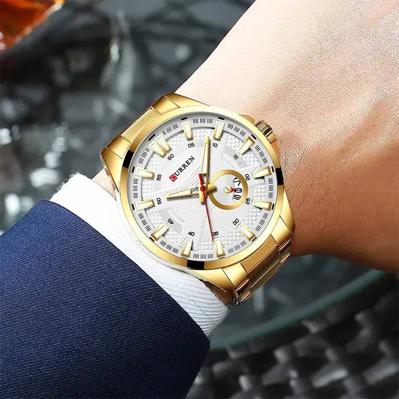 Curren Quartz White Dial Gold-tone Men's Watch- 8372